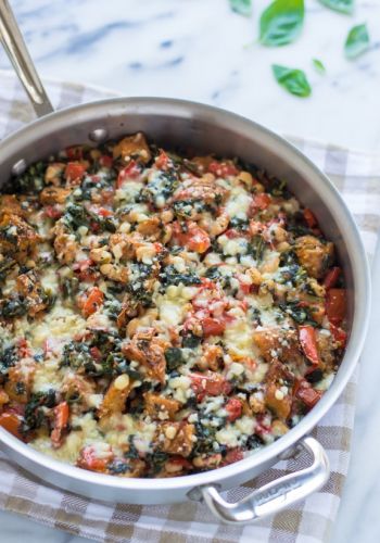 Skillet Tomato Casserole with White Beans and Parmesan Croutons