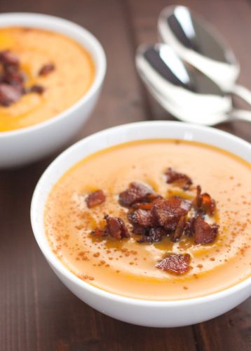 Slow cooker sweet potato soup with maple bacon