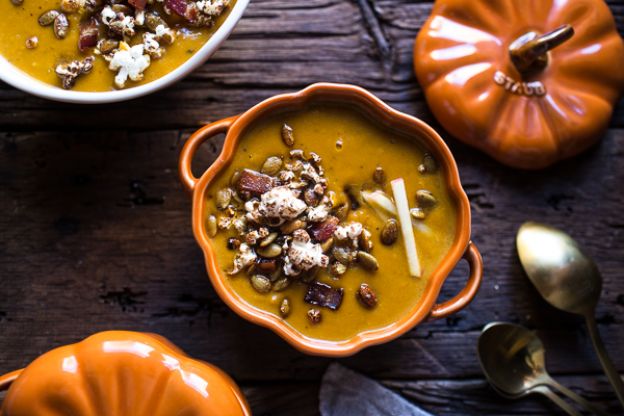 Smoky Pumpkin Beer and Cheddar Potato Soup with Candied Bacon Popcorn