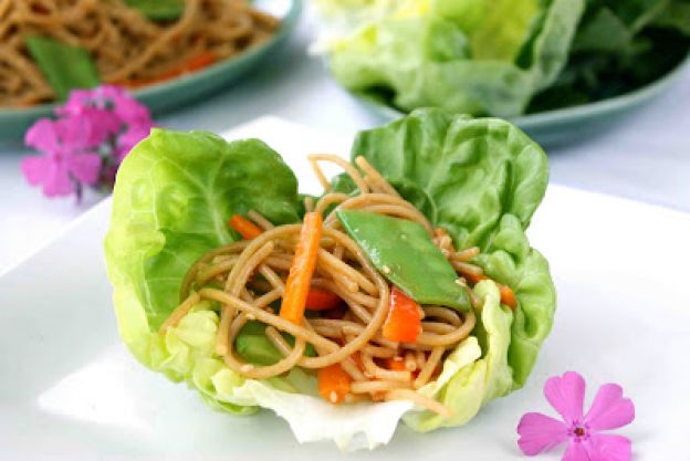 Soba Noodle & Vegetable Lettuce Wraps with Hoisin & Chili Sauce