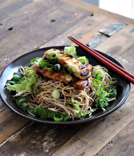 Soba with ginger-miso-maple syrup dressing and grilled tofu