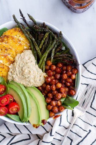 Spicy BBQ Chickpea and Crispy Polenta Bowls with Asparagus + Ranch Hummus