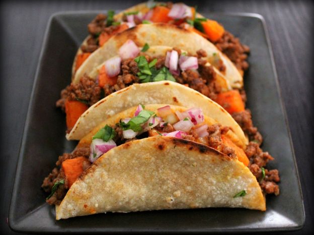 Spicy beef and sweet potato tacos