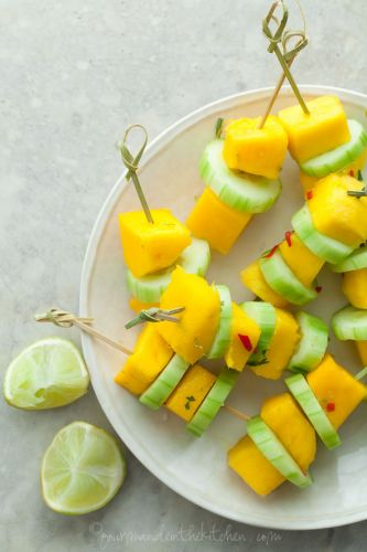 Spicy mango cucumber salad skewers