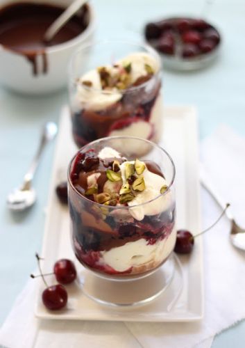 Spumoni Sundaes with Hot Fudge and Amaretto Cherry Sauce