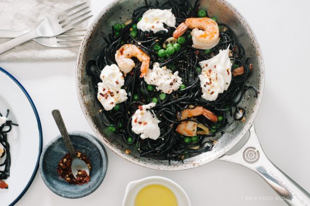 Squid Ink Pasta with Shrimp and Burrata