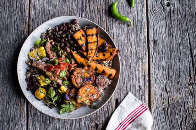 Steak and Grilled Sweet Potato Fry Quinoa Bowl with Spicy Coconut Tomato Sauce