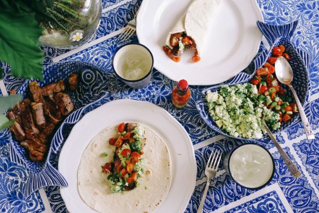 Steak Tacos with Salsa and Feta Guacamole