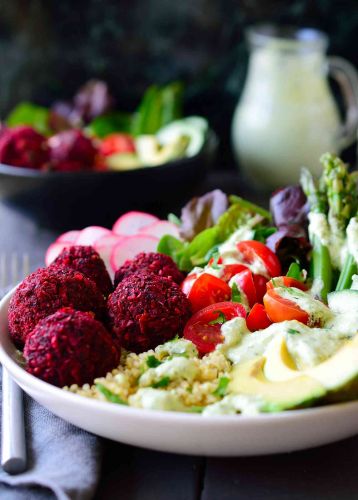 Baked Beet Falafel Vegan Quinoa Bowl