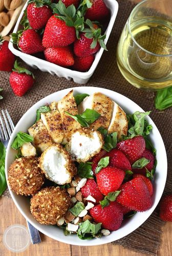 Strawberry Basil Chicken Salad with Fried Goat Cheese Balls