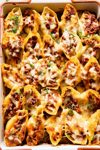 Stuffed Shells with Pesto and Tomato Beef Sauce