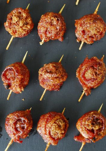 Sweet and Spicy Bacon Wrapped Meatballs