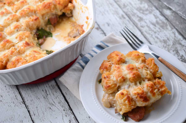 Andouille and chard tater tot casserole