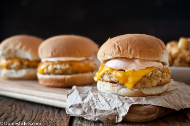 Tater tot burger with Sriracha sour cream