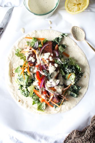 Crispy BBQ tempeh Caesar salad wraps