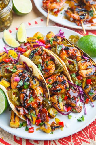 Teriyaki Grilled Shrimp and Pineapple Tacos with Candied Jalapeno and Bacon