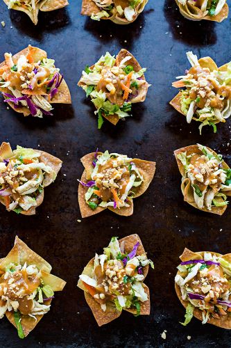 Thai Chicken Salad Wonton Cups with Peanut Sauce Dressing