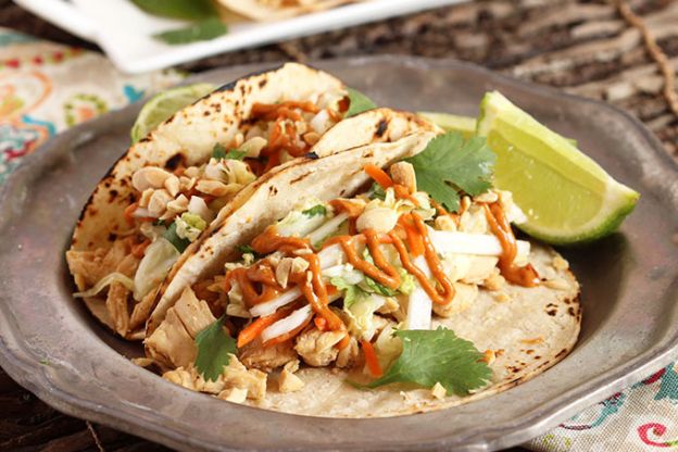 Thai Chicken Tacos with Spicy Peanut Sauce