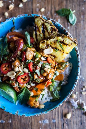 Sweet Thai chili peanut chicken and grilled pineapple stir fry