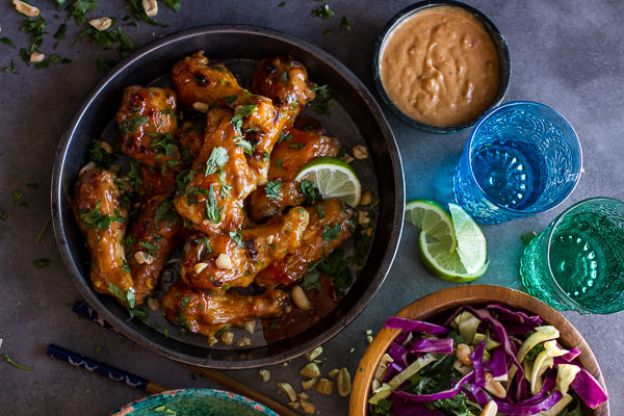 Thai Peanut Chicken Wings with Fiery Pineapple Jalapeno Salsa