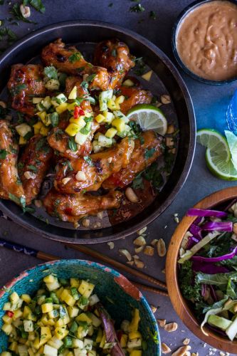 Thai Peanut Chicken Wings with Fiery Pineapple Jalapeno Salsa