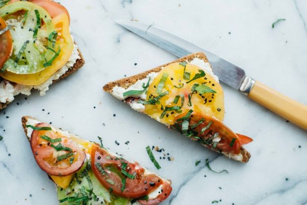 Tomato Toast With Macadamia Ricotta, Shisho and Black Lava Salt