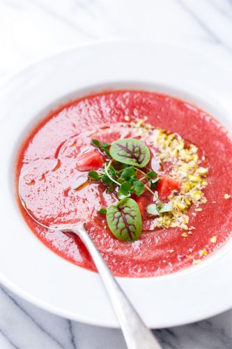 Tomato Watermelon Gazpacho with Pistachios and Basil Oil