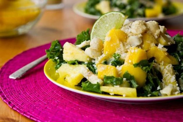 Tropical Mango, Banana, Pineapple Kale Salad with Creamy Pineapple Lime Coconut Dressing