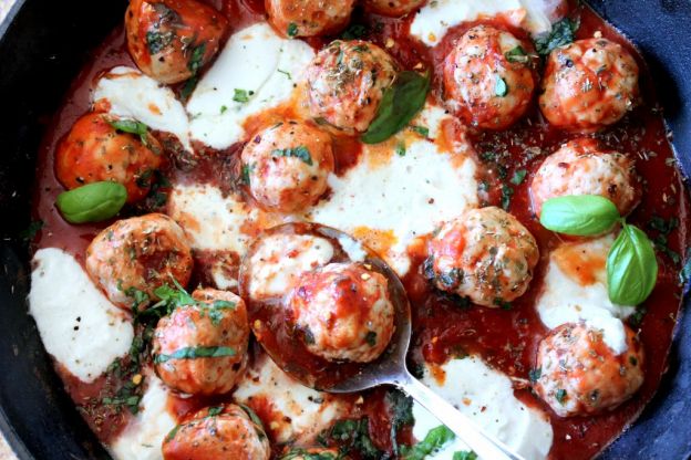 Turkey Meatballs In Spicy Tomato Basil Sauce With Burrata