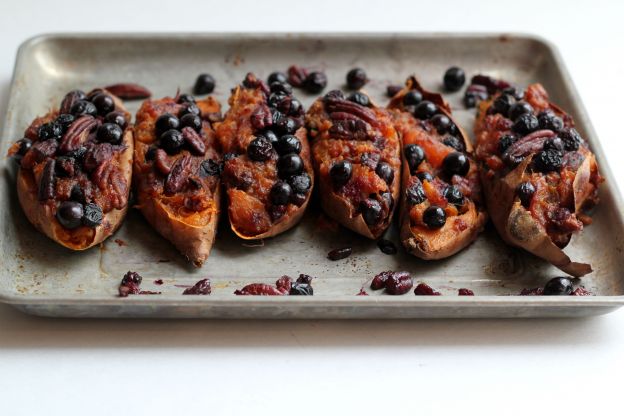 Twice baked sweet potatoes with blueberries and pecans