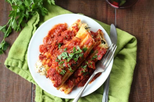 Vegan Baked Manicotti with Kale and Red Wine Tomato Sauce