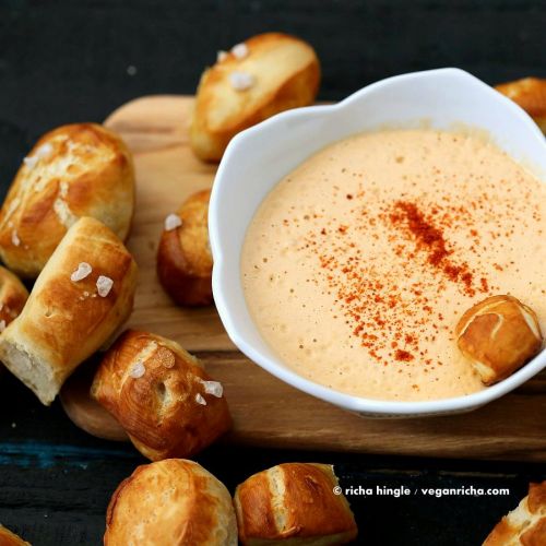 Vegan pretzel bites with spicy mustard dip