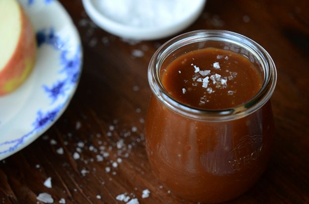 Warm salted caramel sauce and orange blossom water