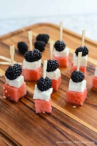 Watermelon, feta and blackberry skewers