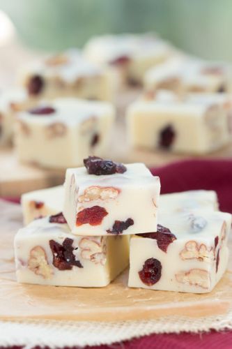 White chocolate cranberry pecan fudge