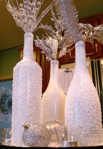 Recycle empty wine bottles for a White Christmas display