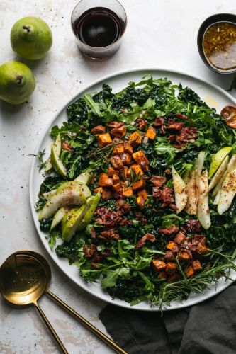 Winter Salad with Rosemary Roasted Sweet Potatoes, Bacon, and Pear