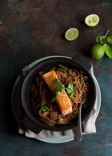 Asparagus and zucchini stir fry with salmon and soba noodles